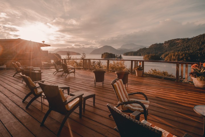 a chair sitting in front of water