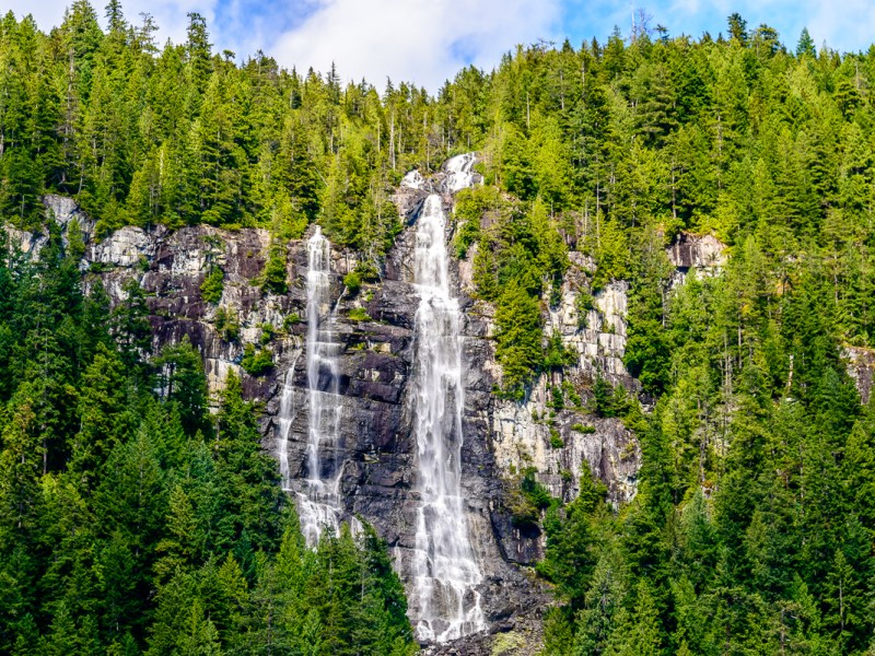 a large waterfall in a forest